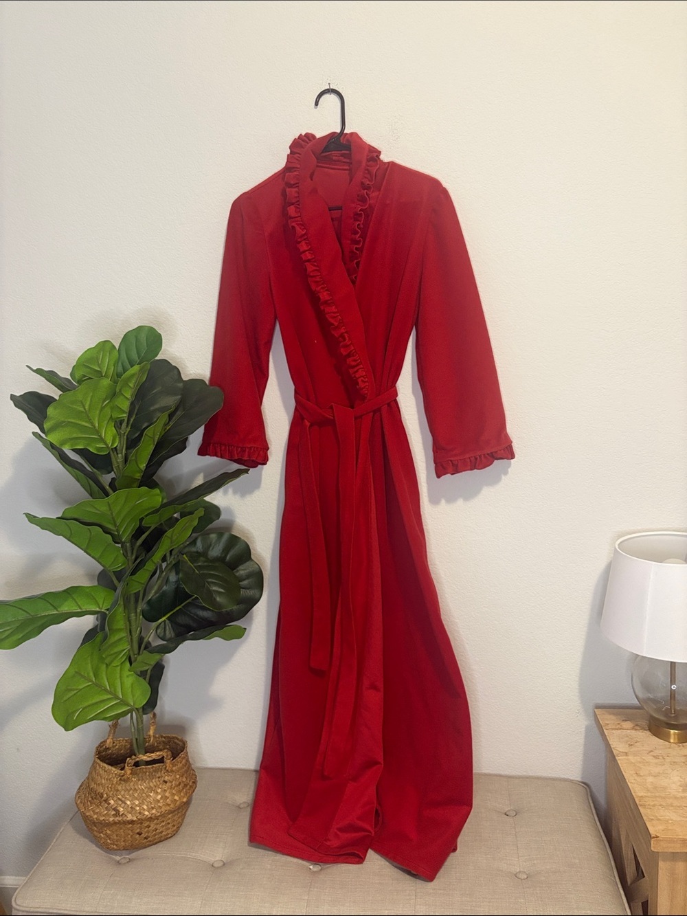 Vintage Red Ruffle-Trim Long Robe - Women Intimates & Sleepwear